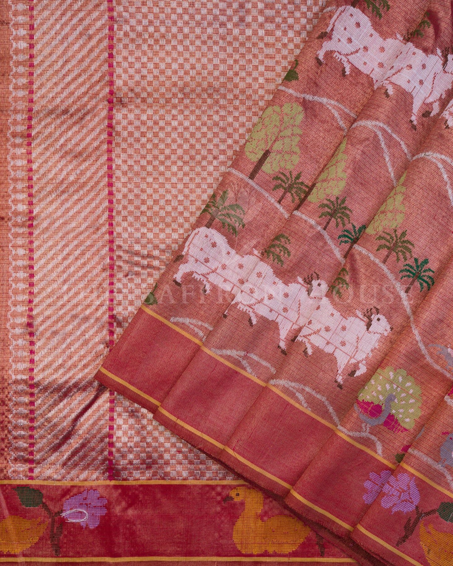 Rust Orange Pure Zari Kota Silk Saree