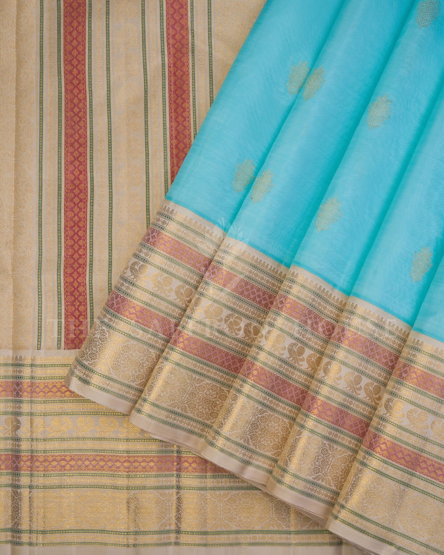 Sky Blue And Sand Beige Kanjivaram Silk Saree – The Saffron House