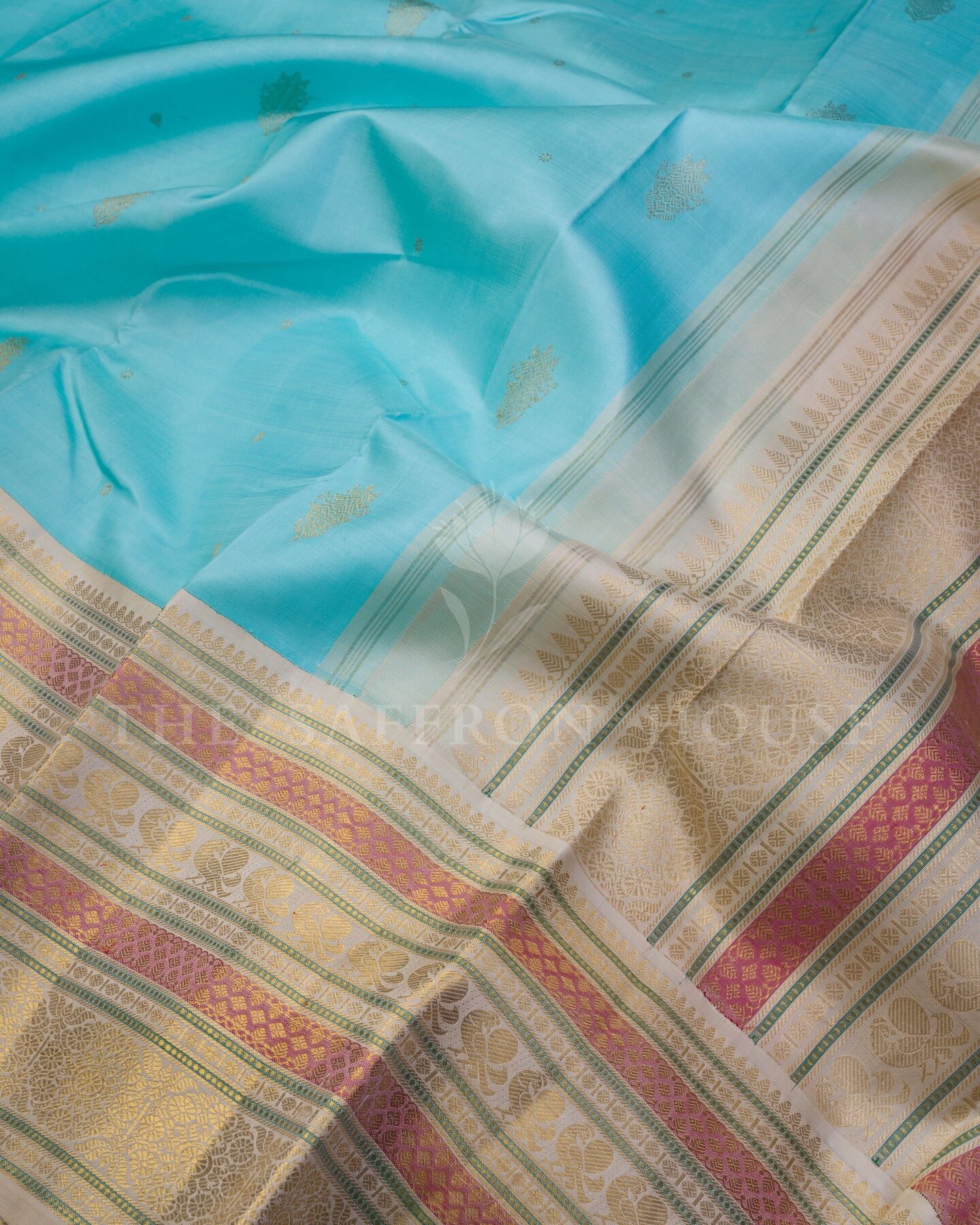 Sky Blue And Sand Beige Kanjivaram Silk Saree – The Saffron House