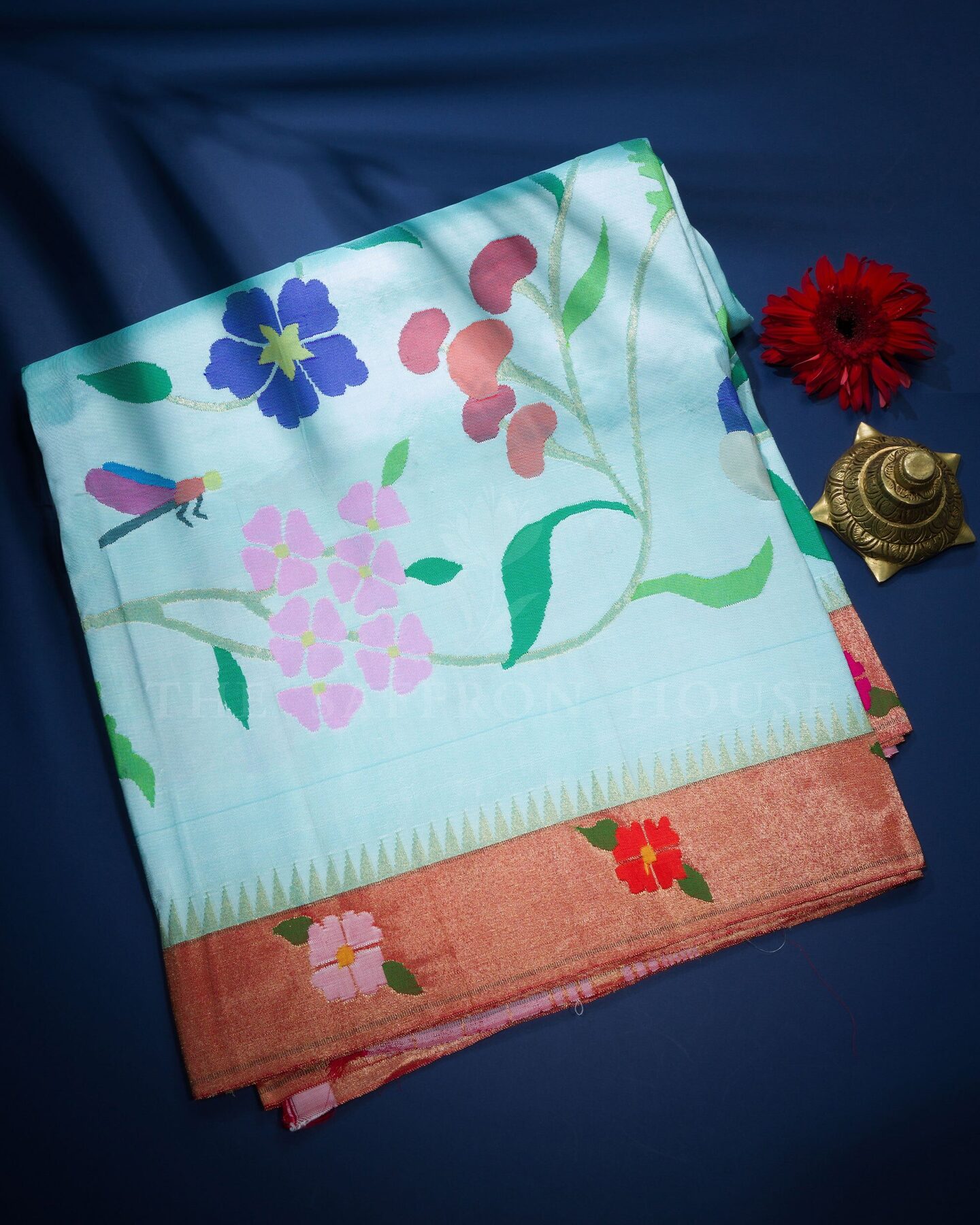 Sky Blue And Red Handwoven Paithani Saree – The Saffron House
