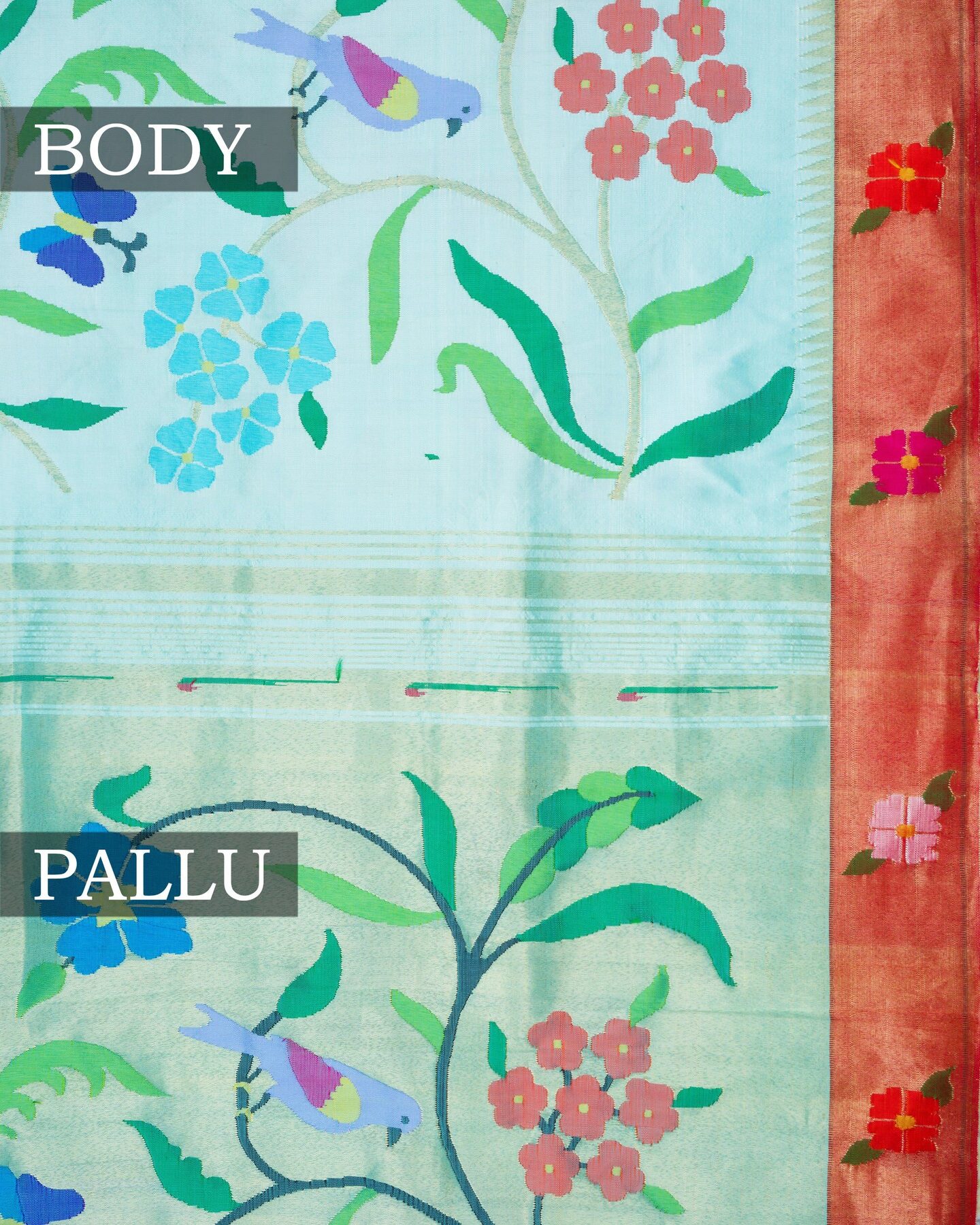 Sky Blue And Red Handwoven Paithani Saree – The Saffron House