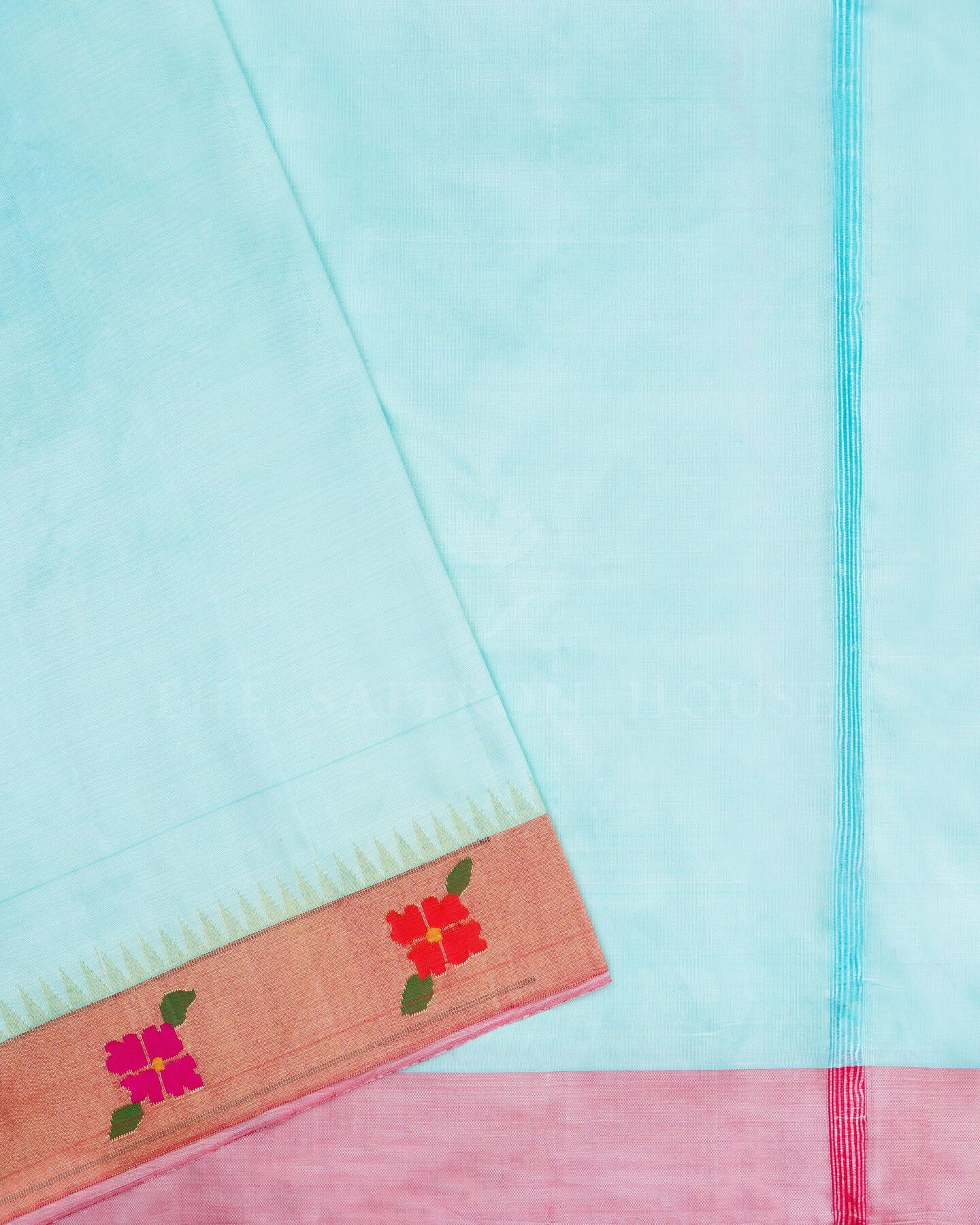 Sky Blue And Red Handwoven Paithani Saree – The Saffron House