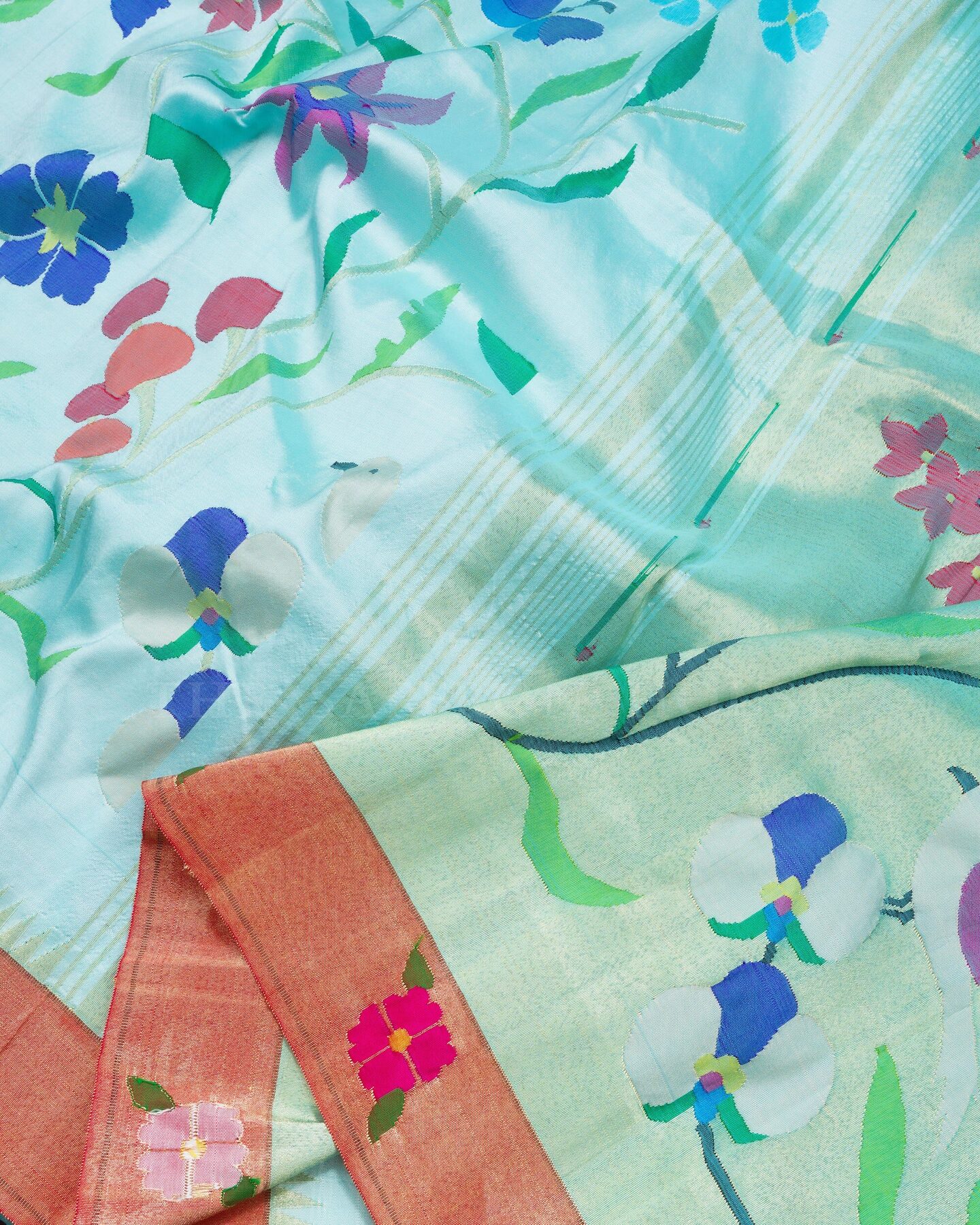 Sky Blue And Red Handwoven Paithani Saree – The Saffron House