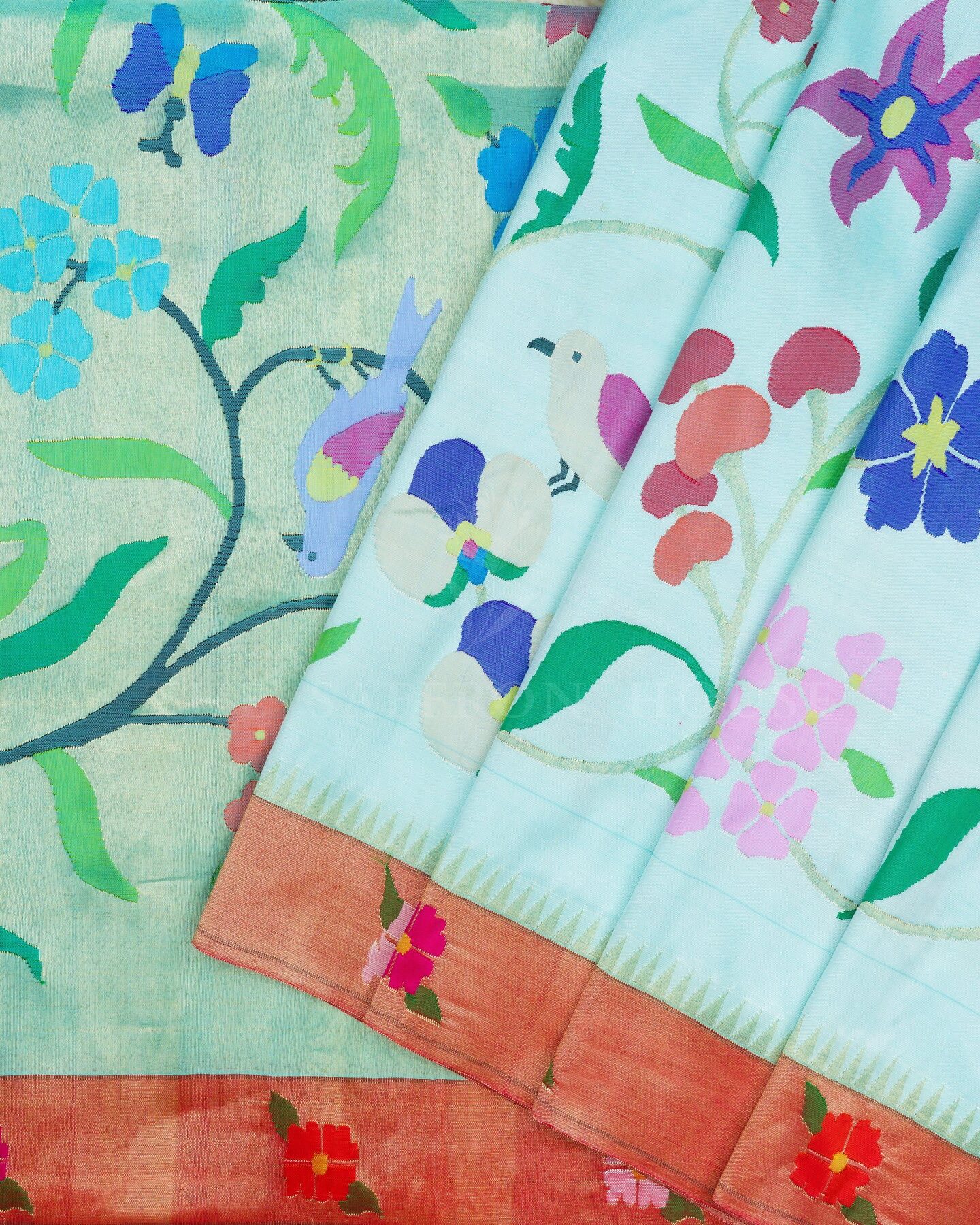 Sky Blue And Red Handwoven Paithani Saree – The Saffron House
