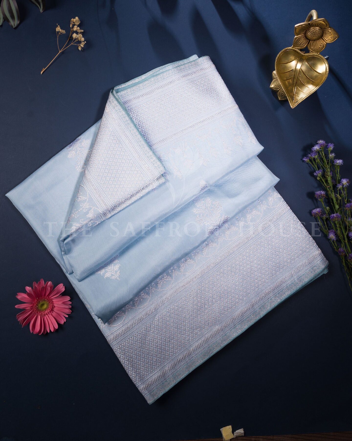 Sky Blue Mashru Banarasi Saree – The Saffron House