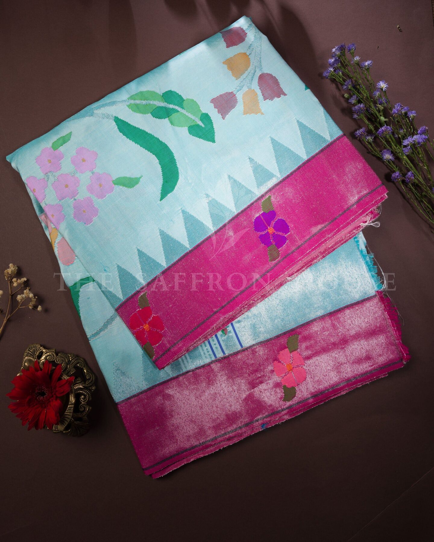 Sky Blue And Pink Handwoven Paithani Saree – The Saffron House