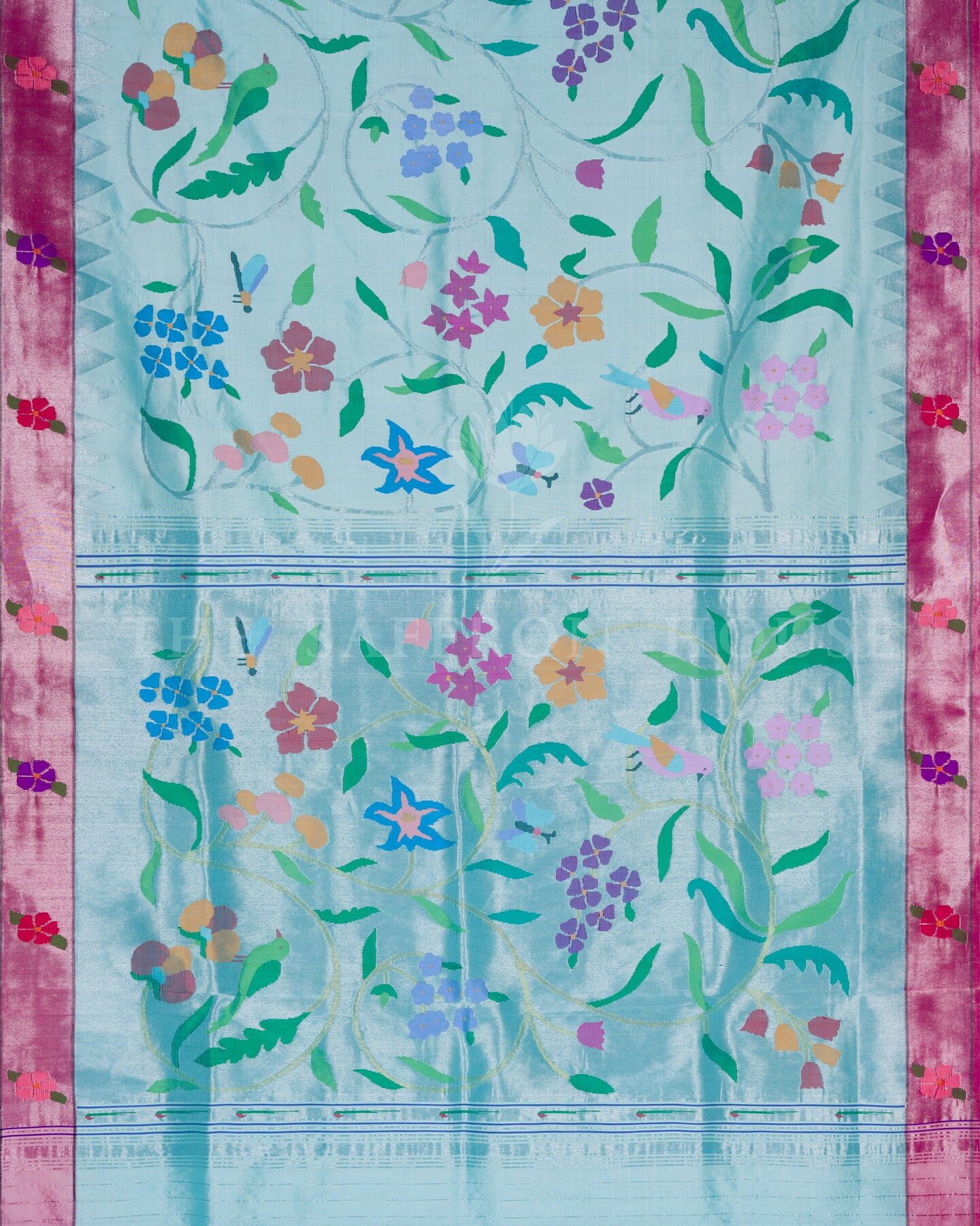 Sky Blue And Pink Handwoven Paithani Saree – The Saffron House