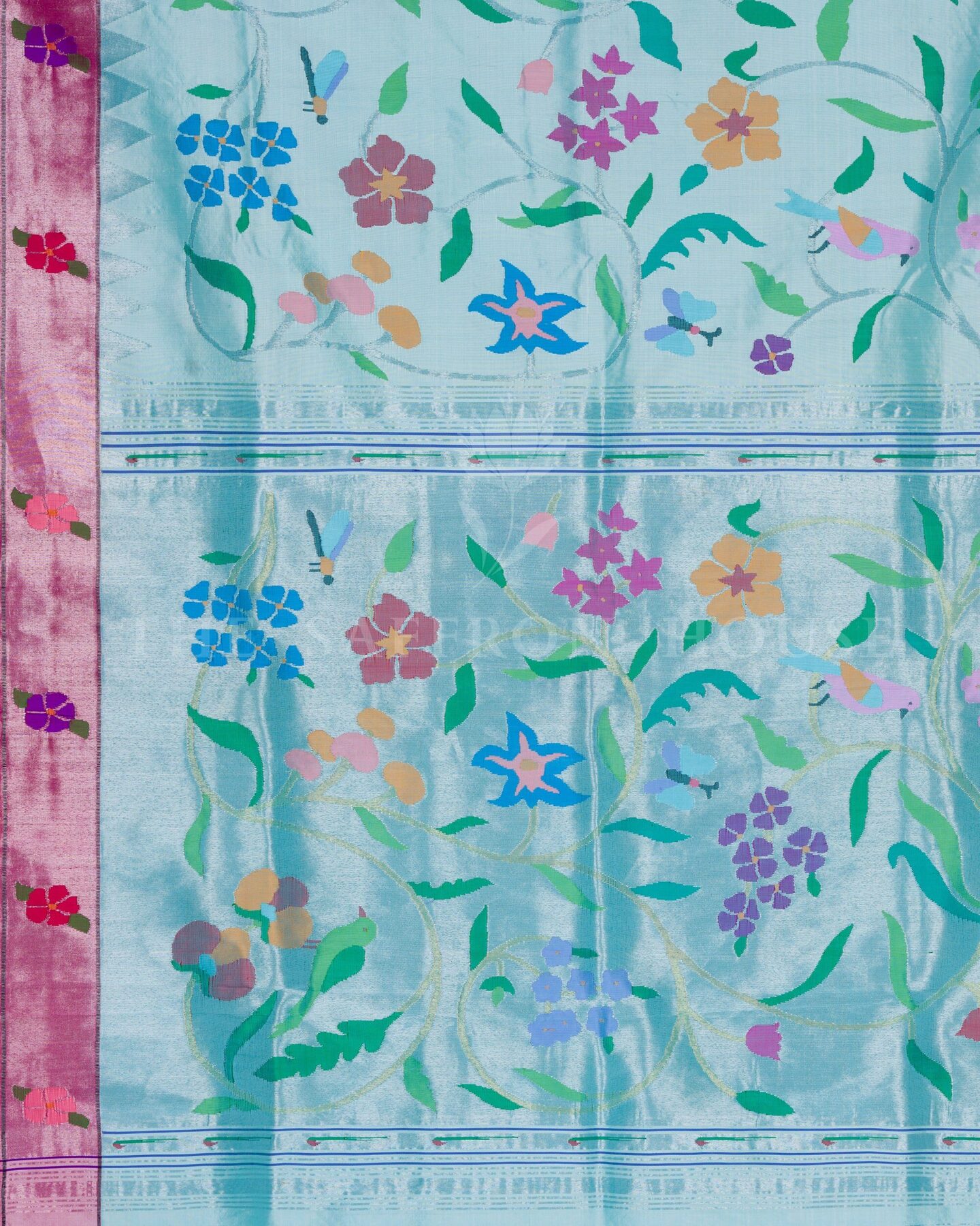 Sky Blue And Pink Handwoven Paithani Saree – The Saffron House
