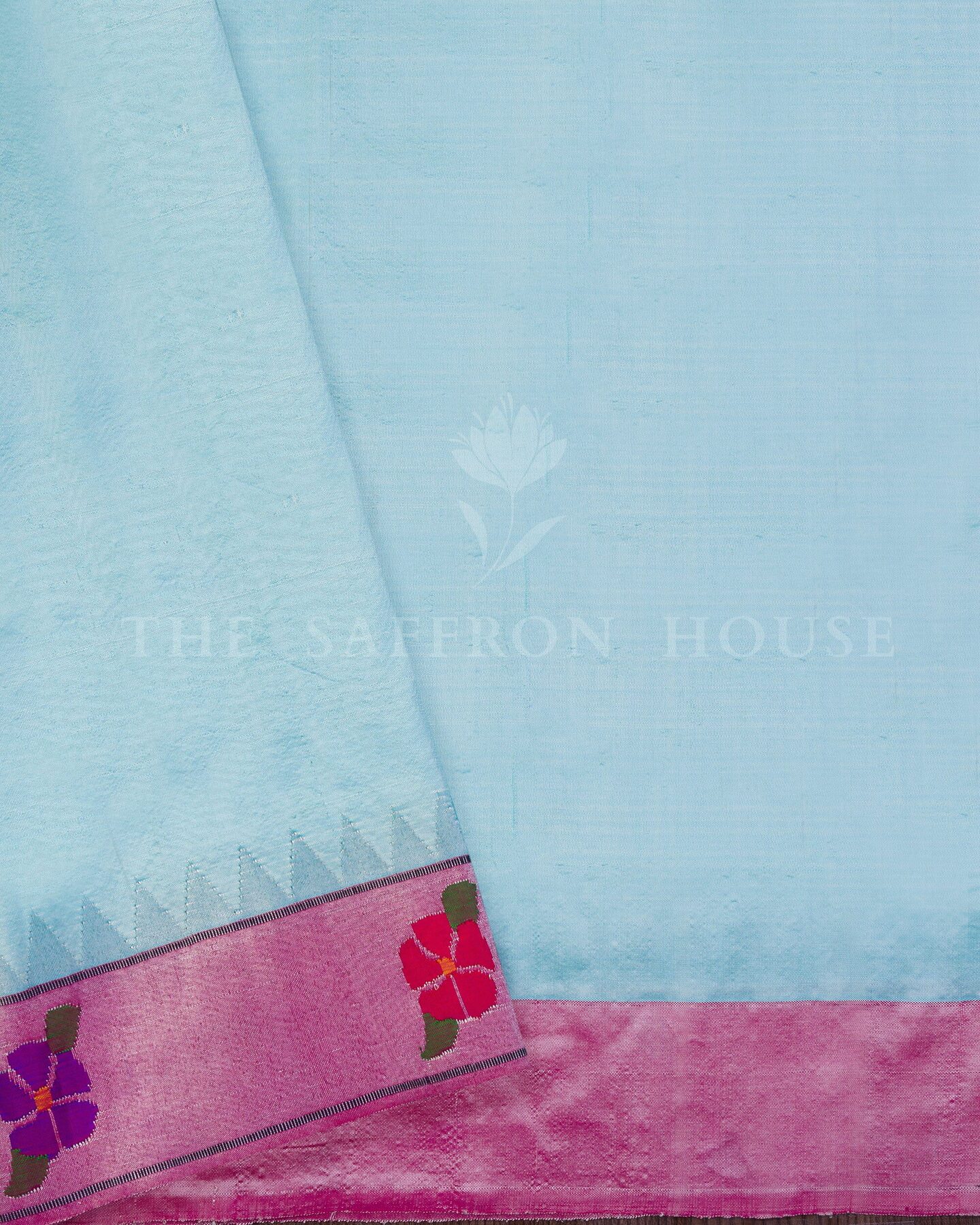 Sky Blue And Pink Handwoven Paithani Saree – The Saffron House