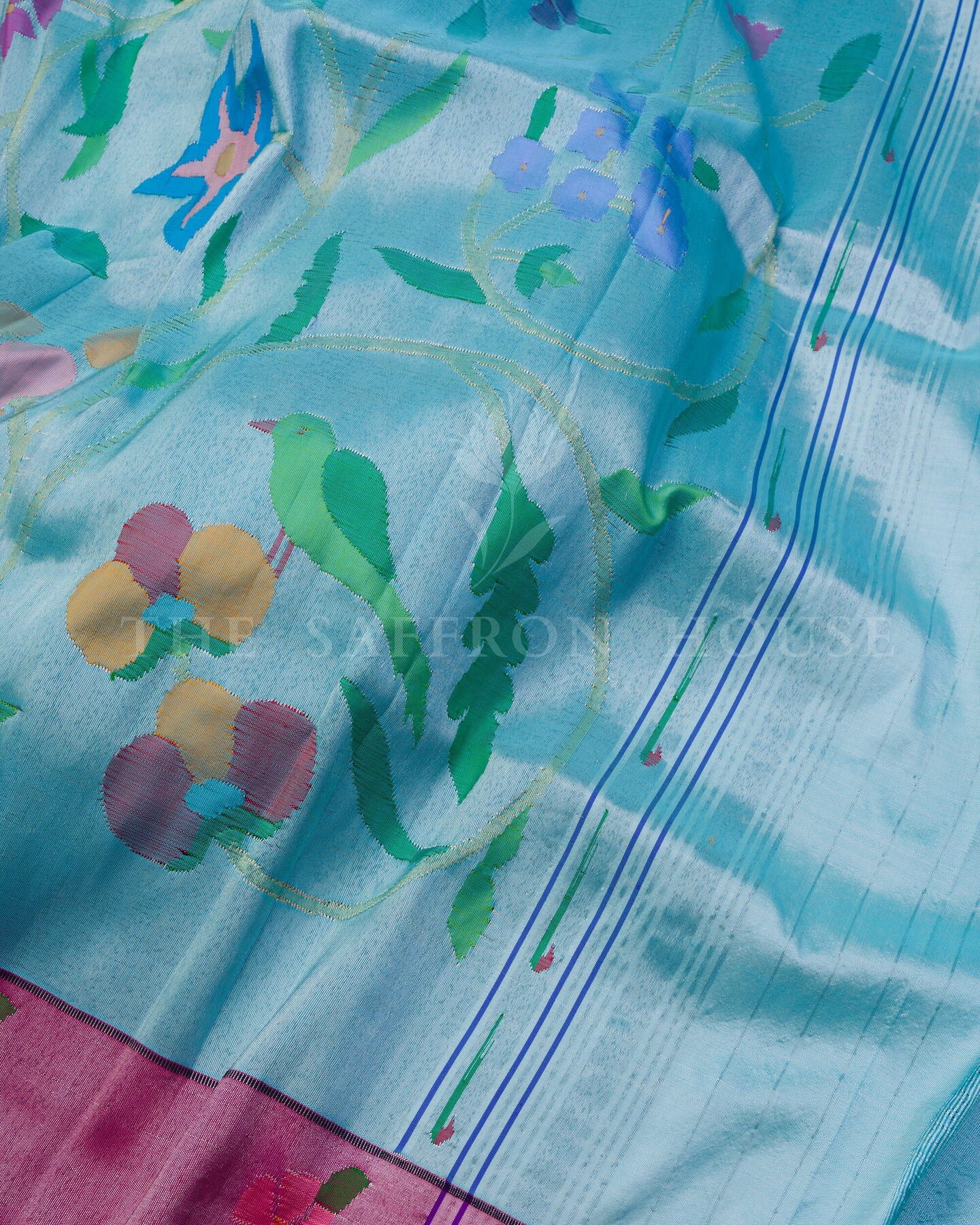 Sky Blue And Pink Handwoven Paithani Saree – The Saffron House