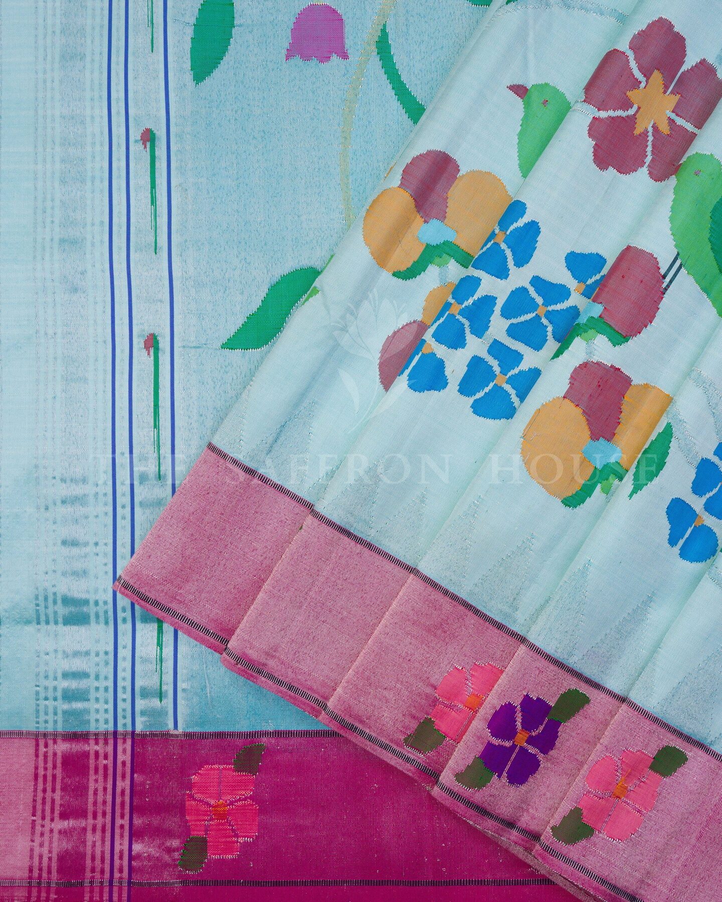 Sky Blue And Pink Handwoven Paithani Saree