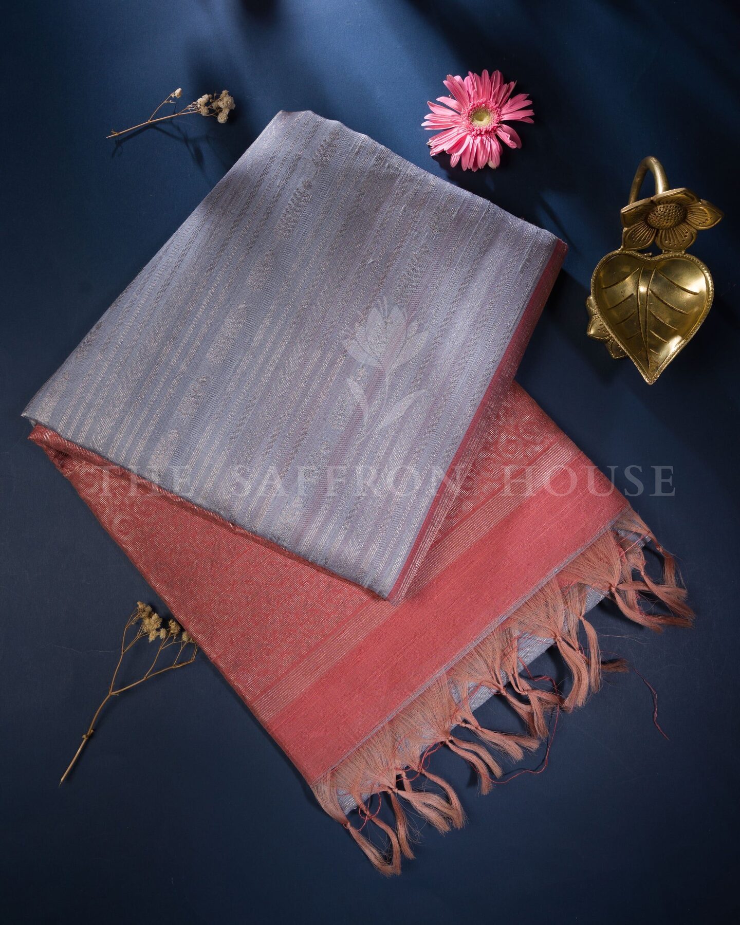 Slate Grey And Rose Tussar Silk Saree – The Saffron House