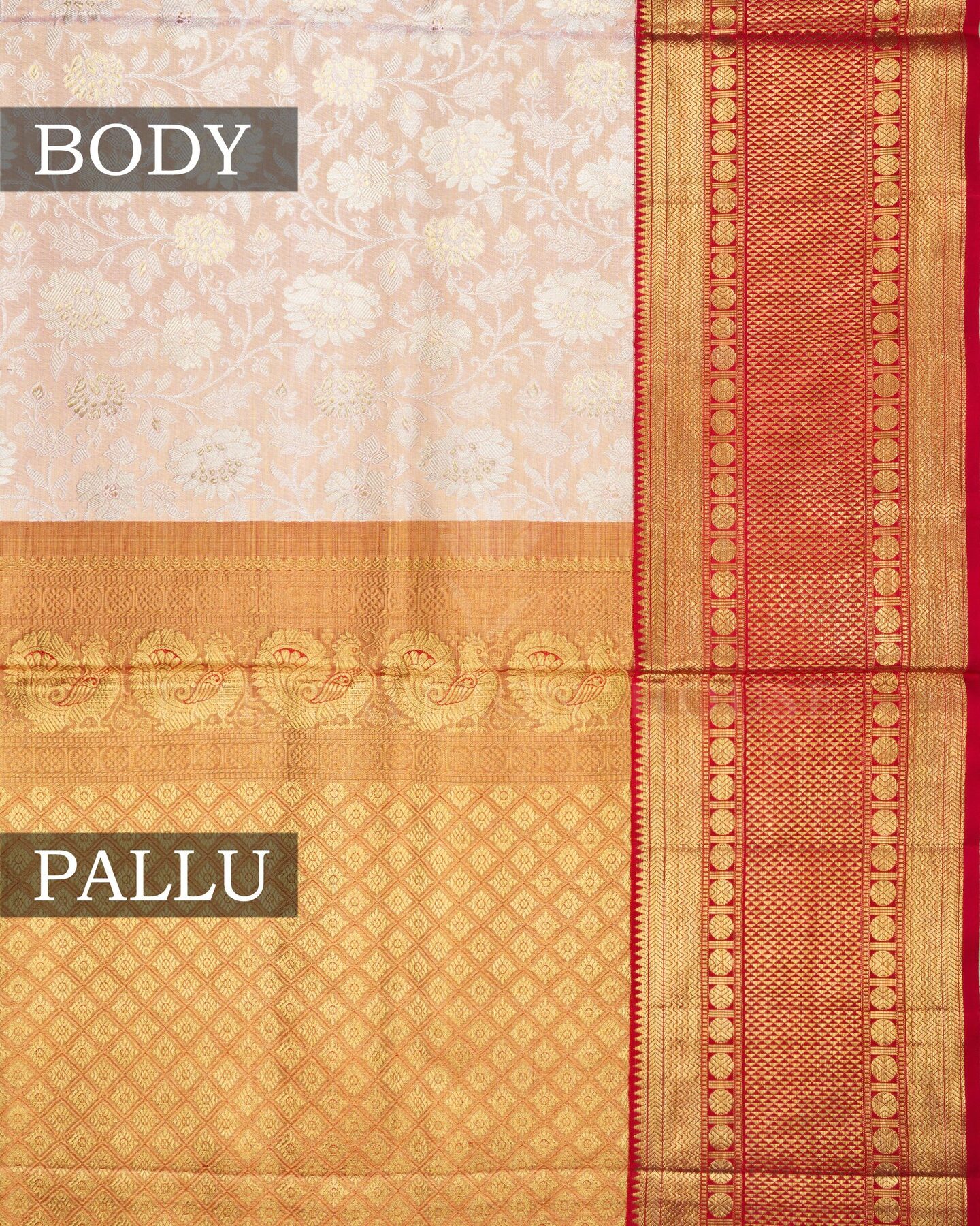 Peach And Red Tissue Kanjivaram Silk Saree – The Saffron House