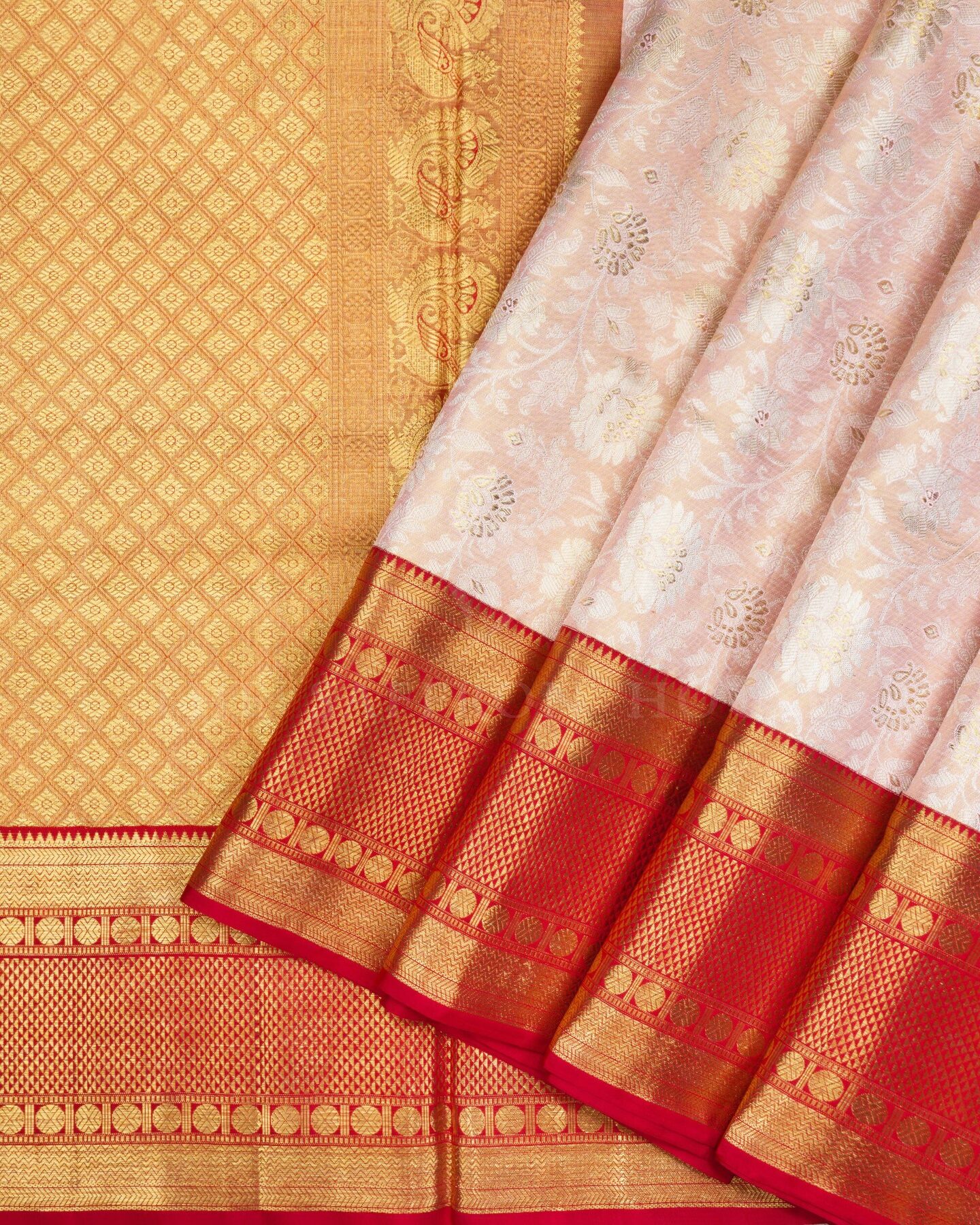 Peach And Red Tissue Kanjivaram Silk Saree – The Saffron House