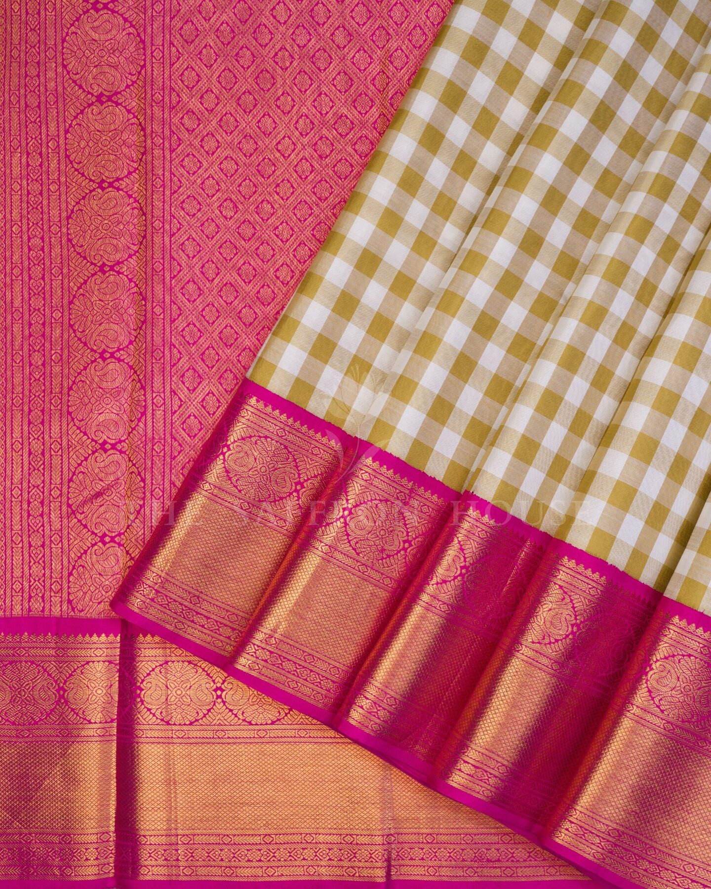 Mustard Gold And Pure White Kattam Kanjivaram Silk Saree – The Saffron House