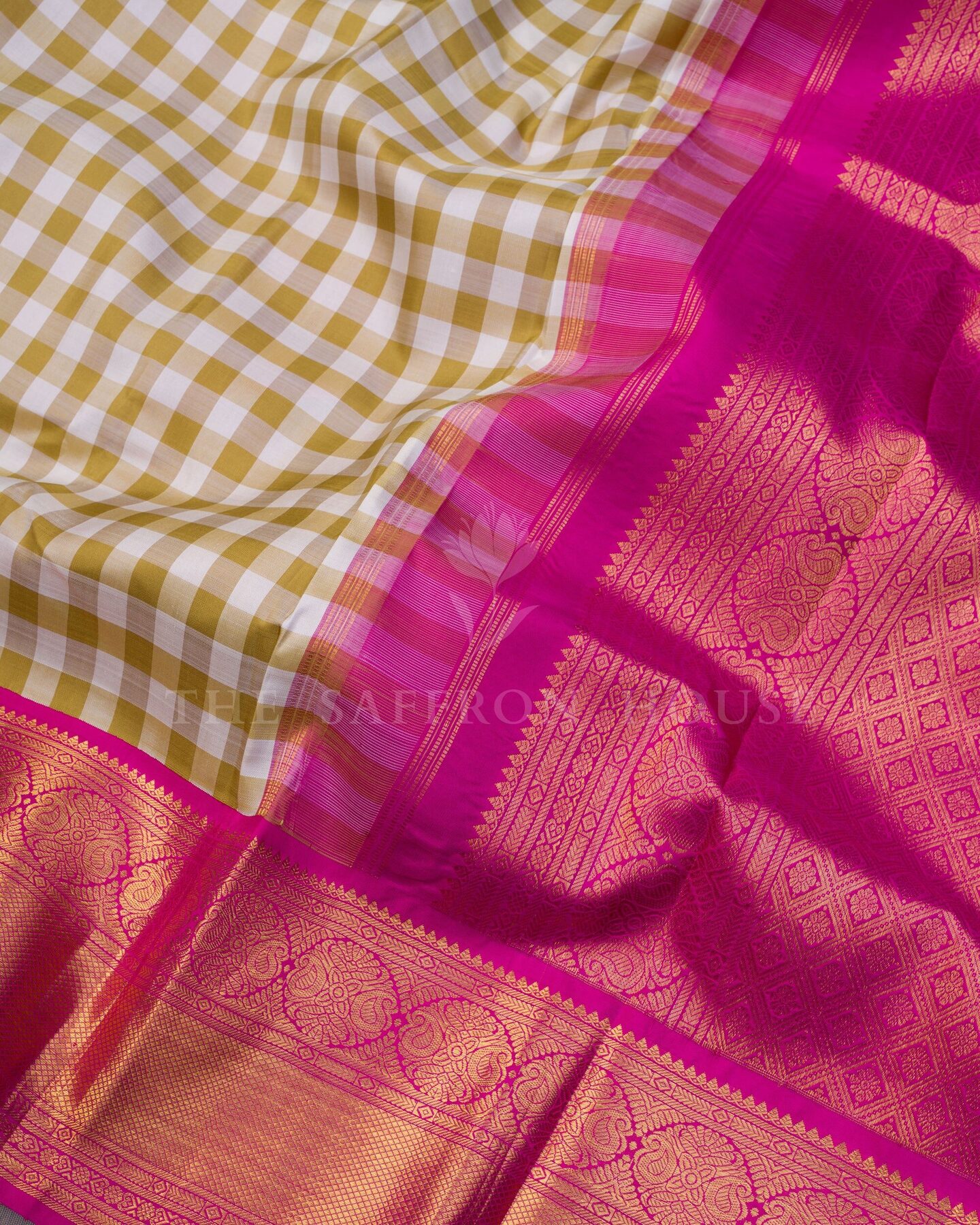 Mustard Gold And Pure White Kattam Kanjivaram Silk Saree – The Saffron House