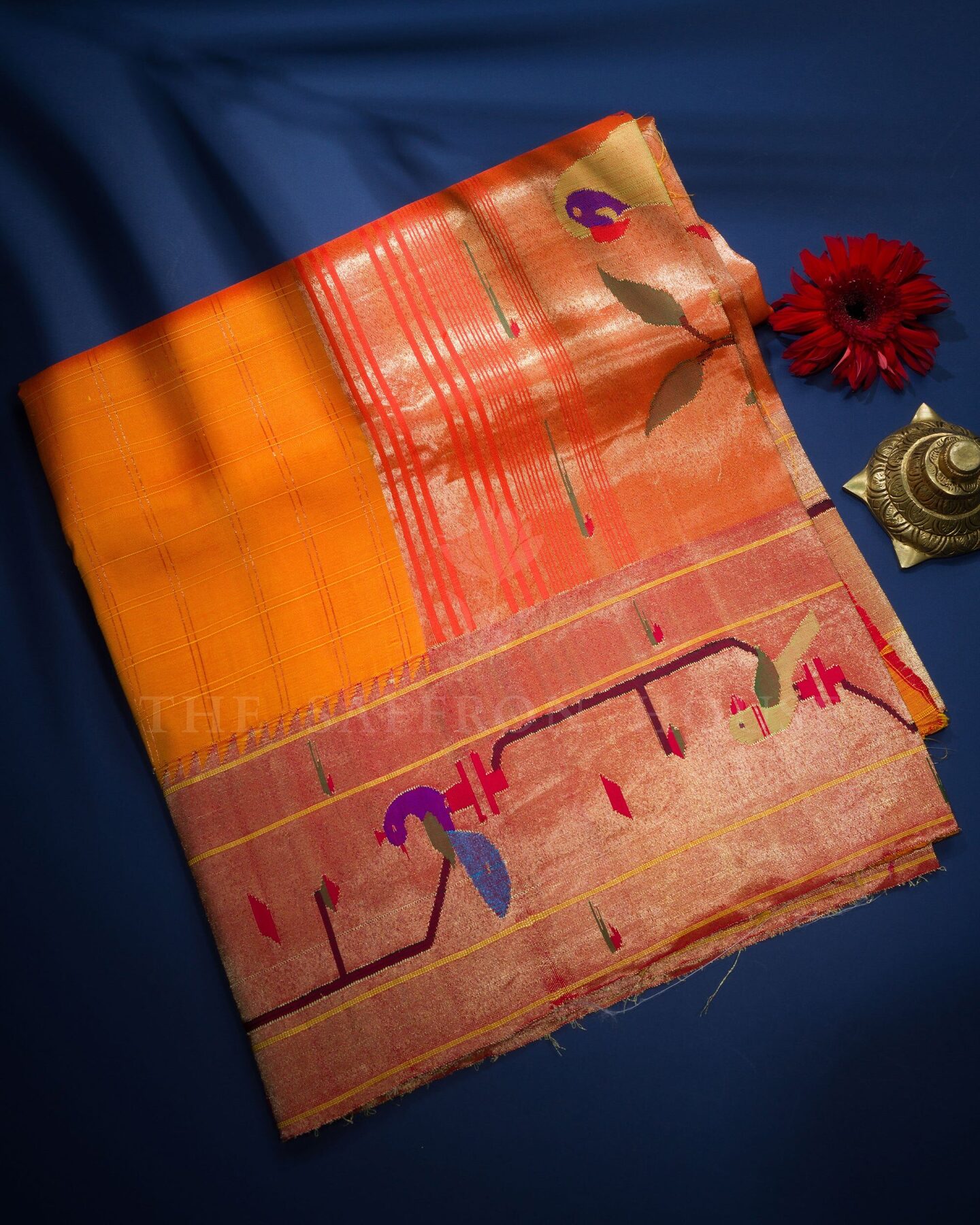 Yellow And Burnt Orange Handwoven Paithani Saree – The Saffron House