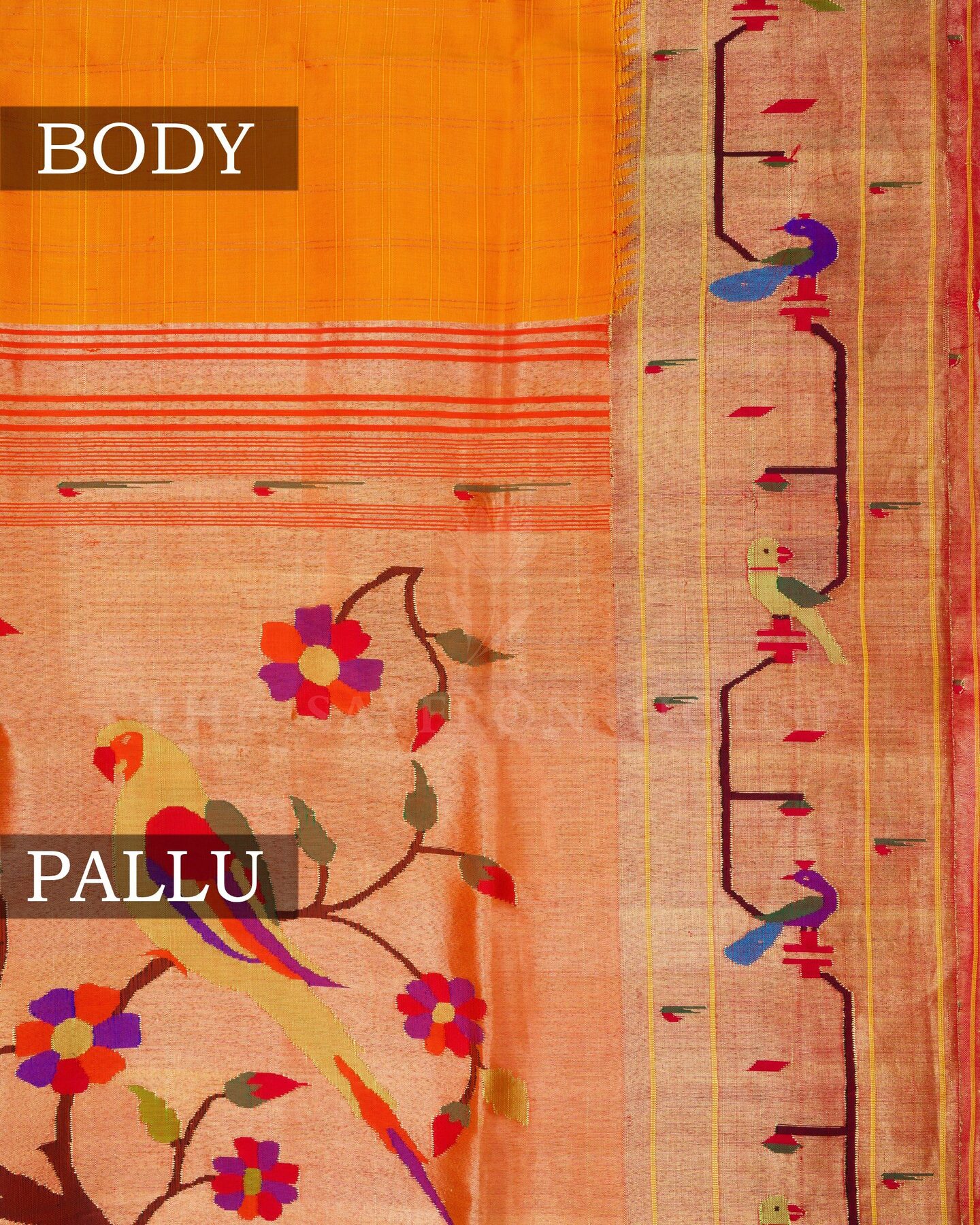 Yellow And Burnt Orange Handwoven Paithani Saree – The Saffron House
