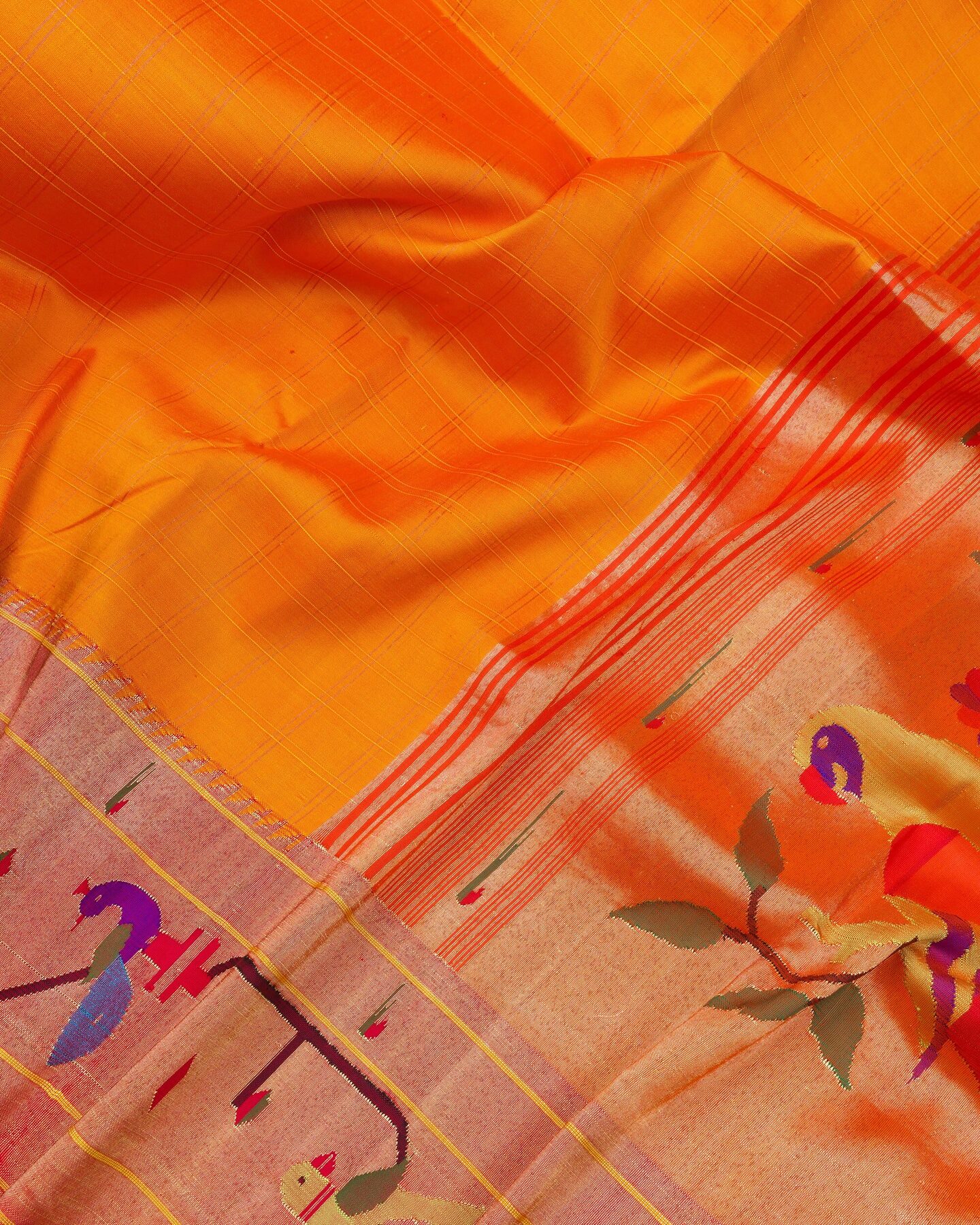 Yellow And Burnt Orange Handwoven Paithani Saree – The Saffron House