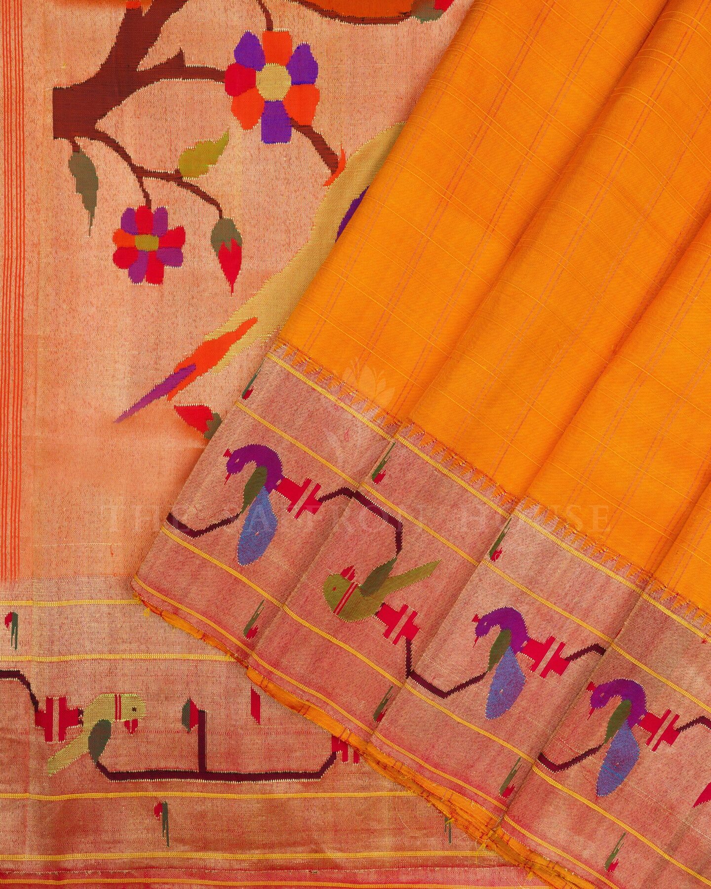 Yellow And Burnt Orange Handwoven Paithani Saree – The Saffron House